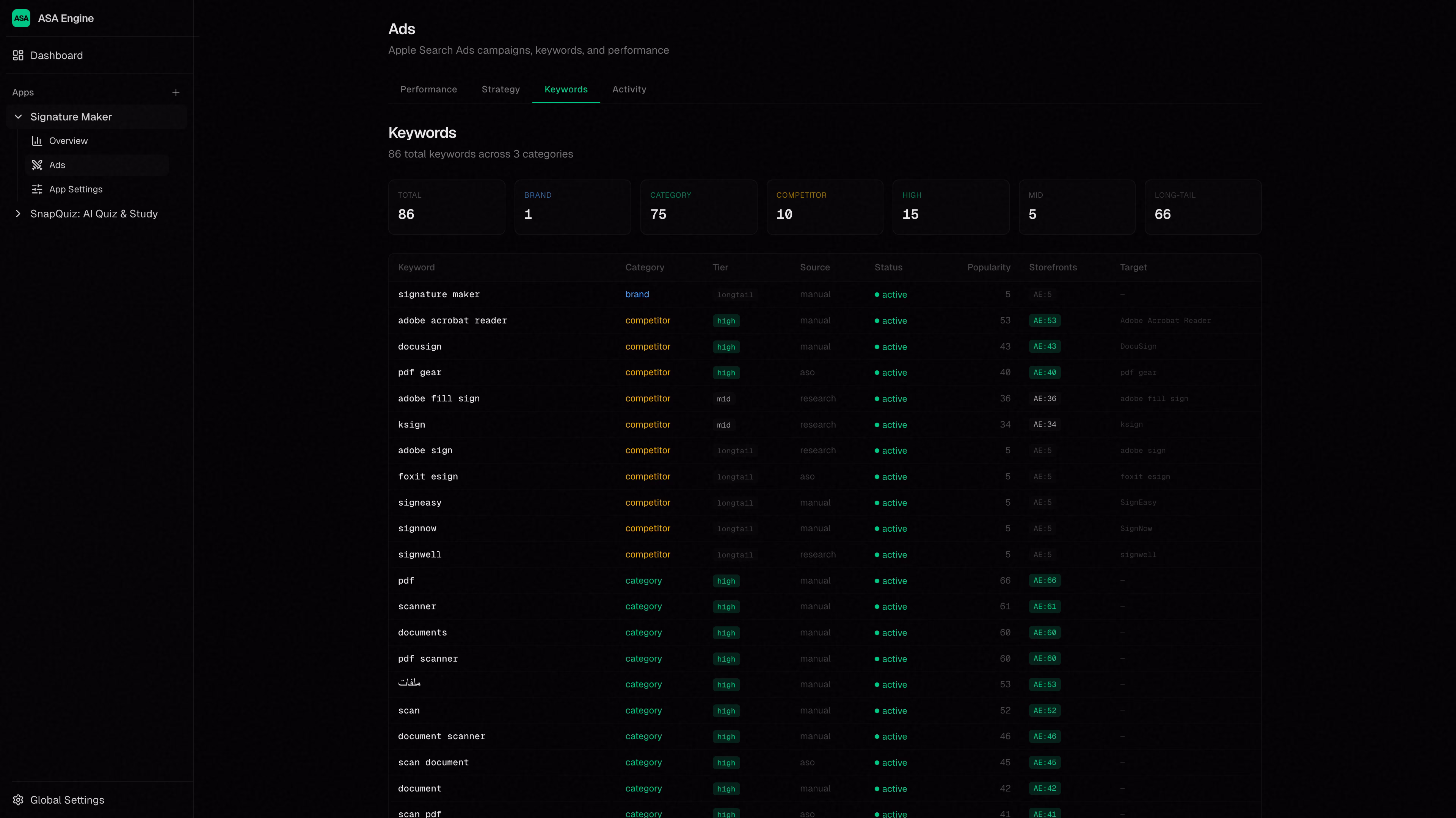ASA Engine dashboard