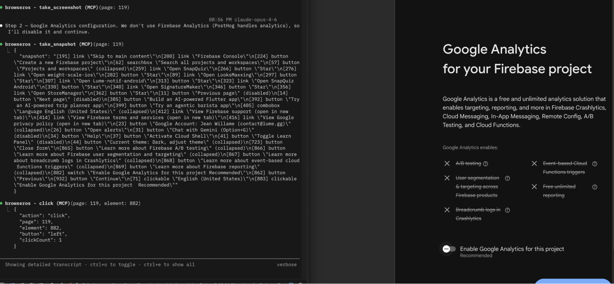Claude Code controlling my browser to create the Firebase project