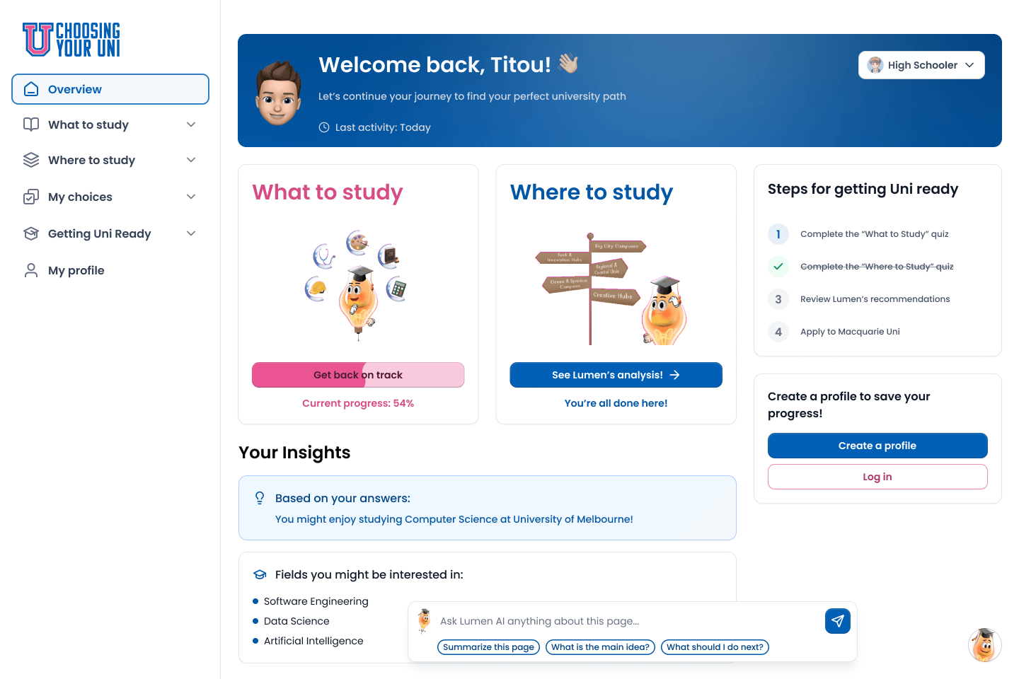 Student dashboard with AI companion