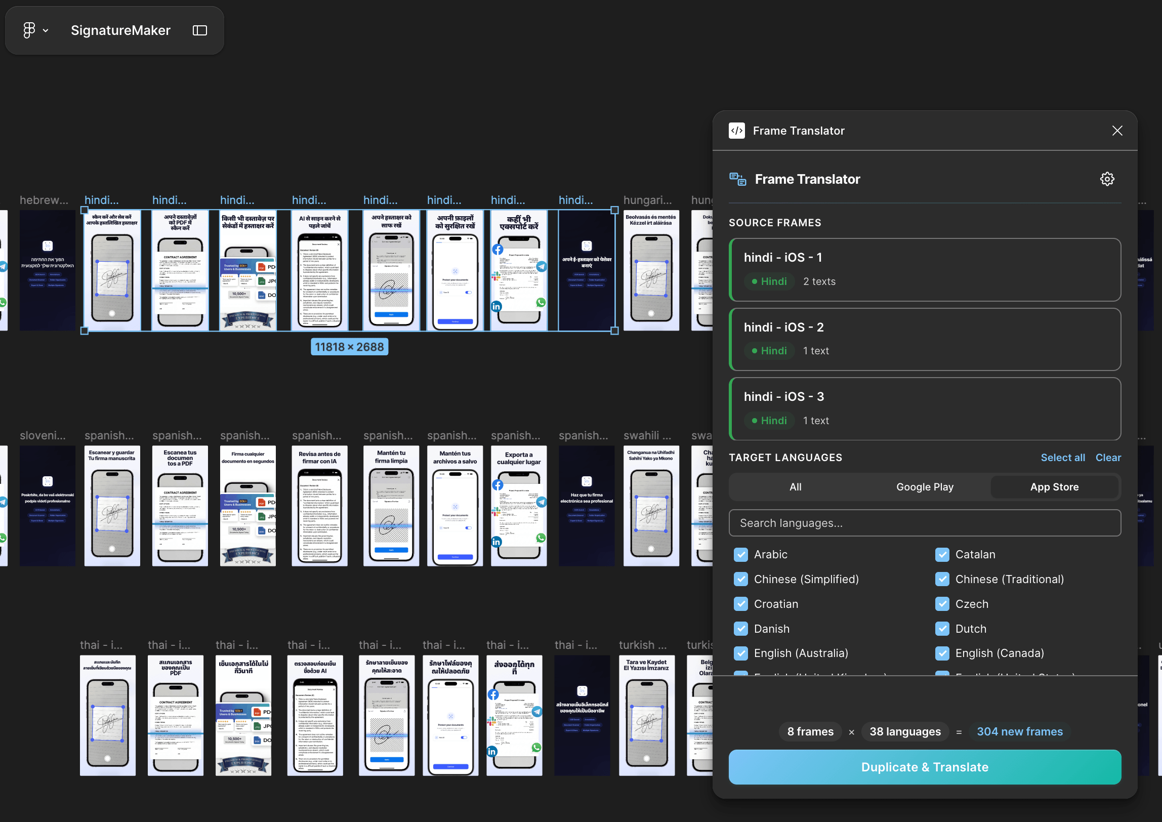 Frame Translator in action, translating 8 frames into 38 languages